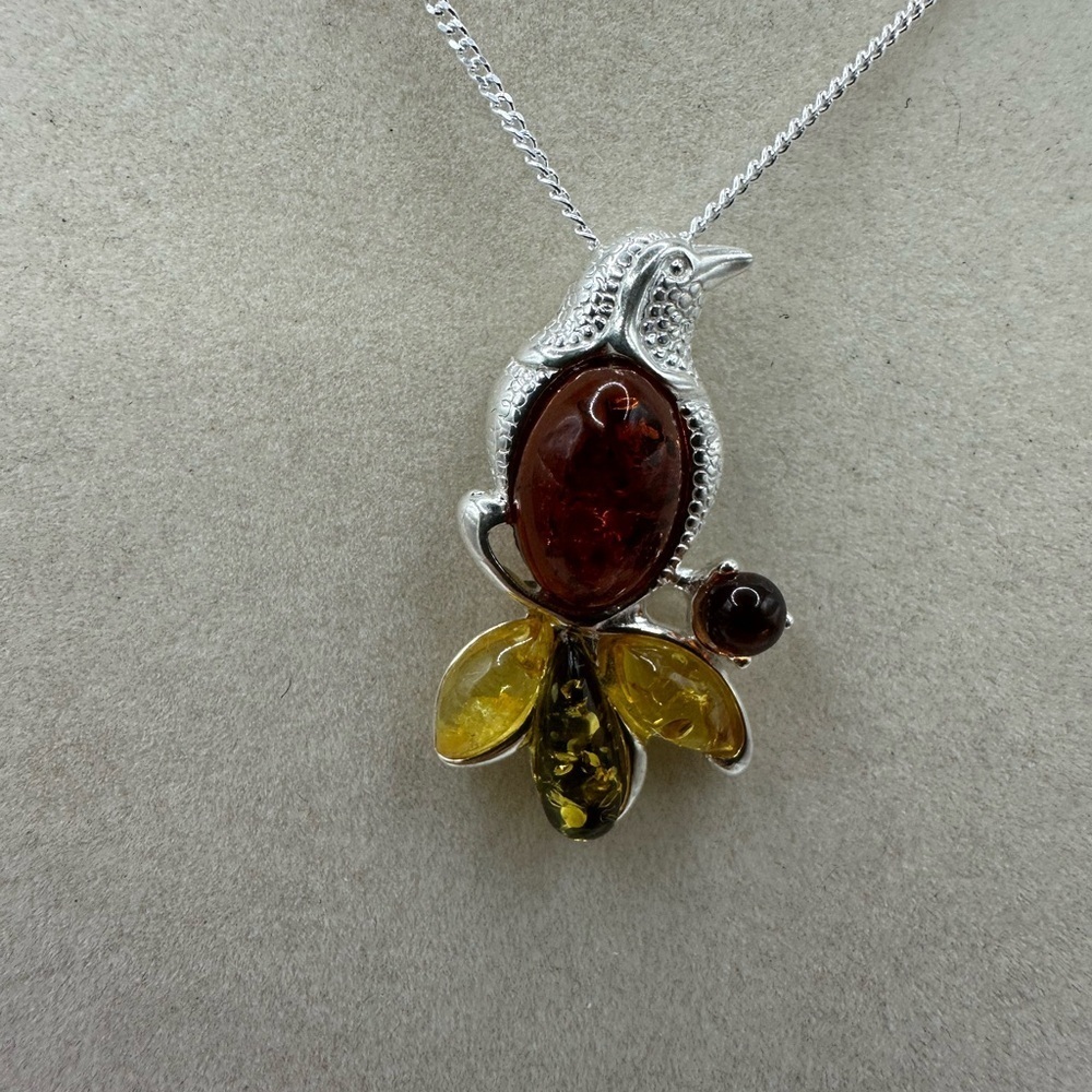 Multi Color Amber and Silver Bird Pendant on Silver Chain - Picture 2 of 9